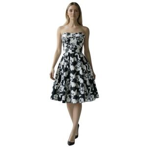 ANTHROPOLOGIE HUTCH Strapless Black and White Rose Fit and Flare Dress